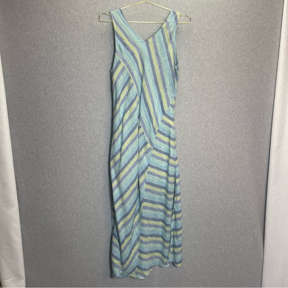 J Jill Liven Linen Lotus Blue Asymmetrical Patchwork Stripe V Neck Maxi Dress - Picture 8 of 9